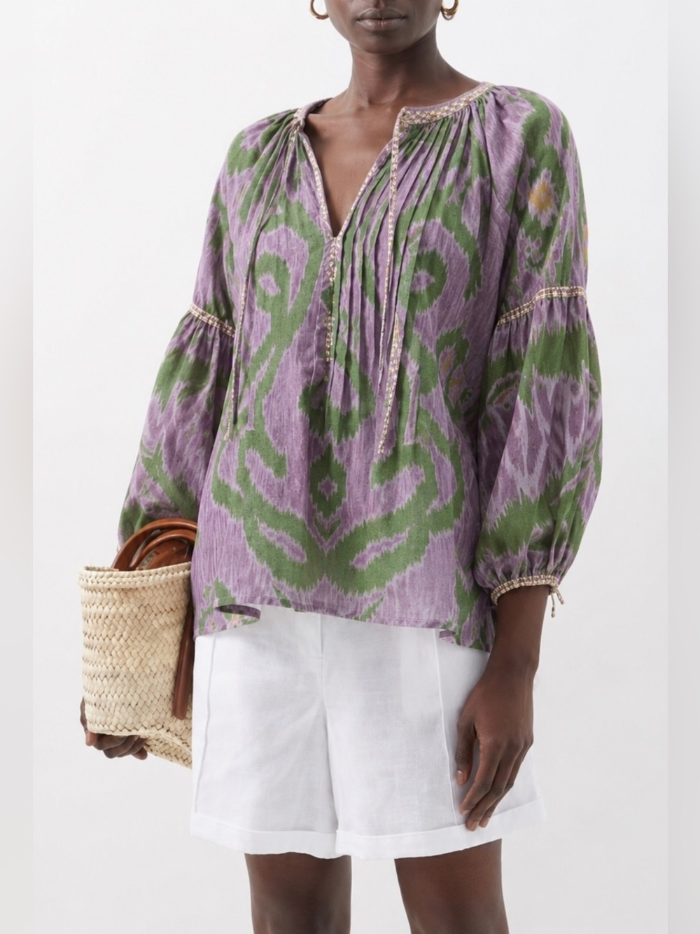 D’Ascoli Handwoven Cotton Ikat Blouse XL Purple Green Luxury Boho